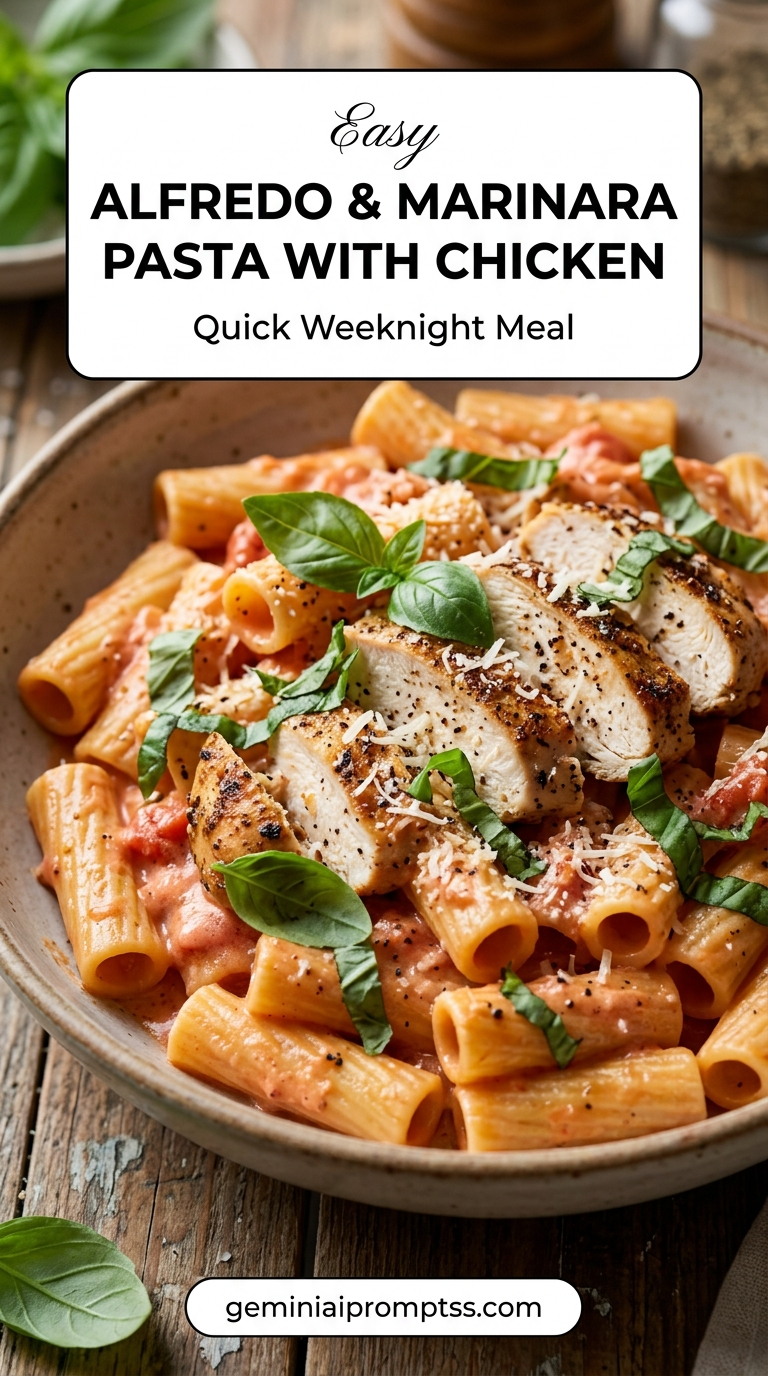Alfredo and Marinara Pasta with Chicken finished dish with marinara sauce