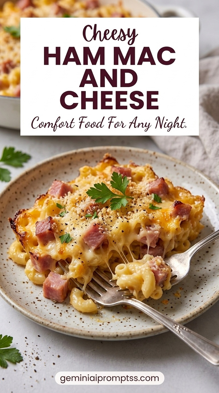 Ham Mac and Cheese Casserole showing macaroni and cheese with diced ham, cheddar, Swiss, golden crumbs, and parsley