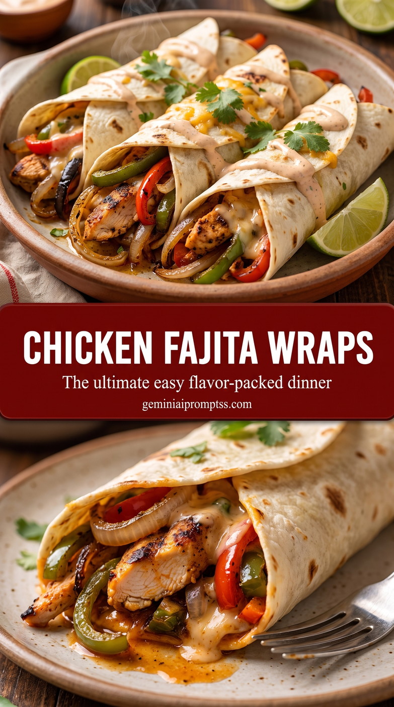 chicken fajita wraps with peppers with seared chicken, peppers, onions, and a creamy lime filling