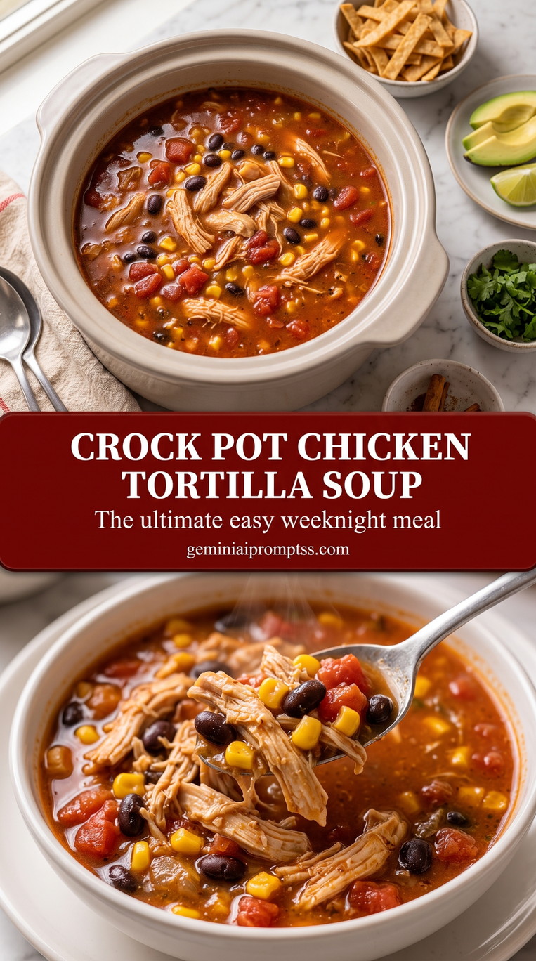 Crock Pot Chicken Tortilla Soup with red chicken tortilla soup with black beans, corn, crisp tortilla strips, avocado, and fresh green garnish