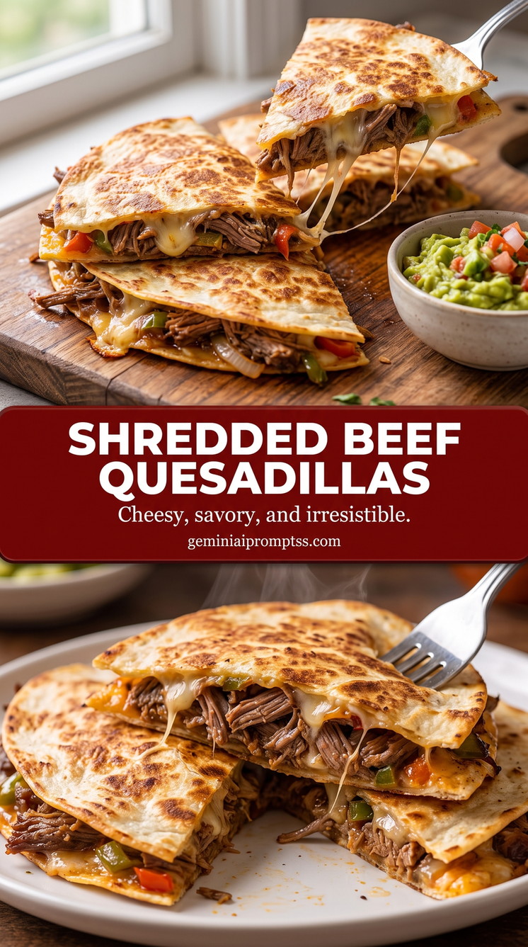 Shredded beef quesadillas showing browned tortilla wedges with a melted savory filling