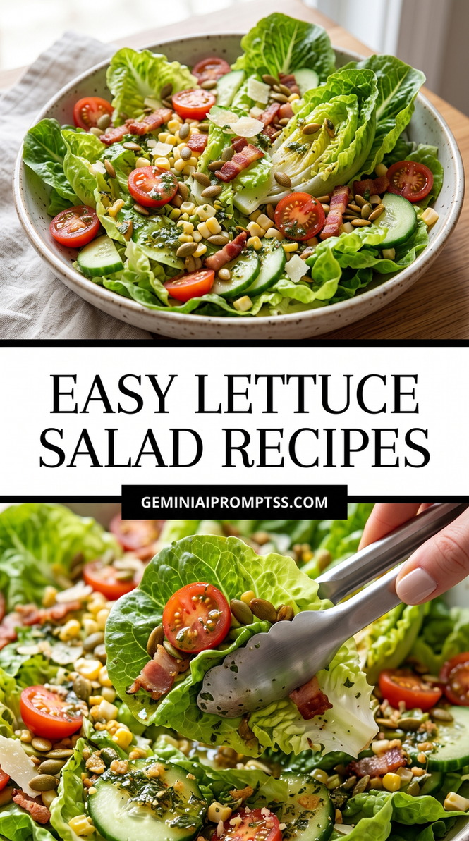 Easy Lettuce Salad Recipes showing chopped lettuce, tomatoes, cucumber, chickpea-like golden pieces, red onion and white cheese
