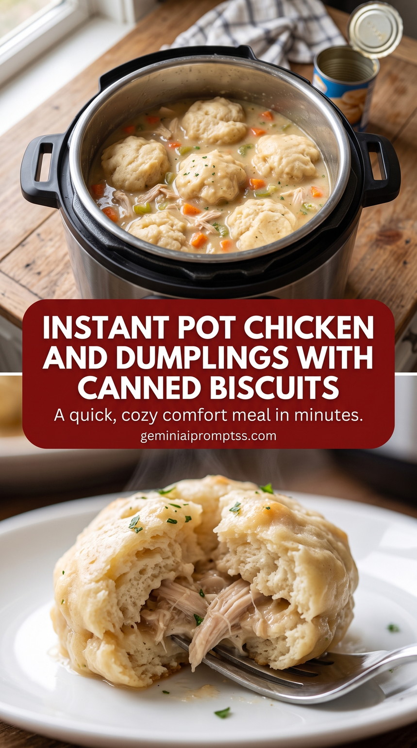 instant pot chicken and dumplings with canned biscuits with Instant Pot chicken and dumplings with chicken, carrots, celery, peas, creamy broth, herbs, and canned biscuit dumplings