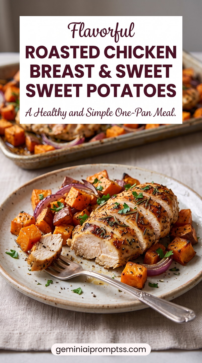 Chicken breast and sweet potato recipe showing rosemary chicken, caramelized sweet potato cubes, and red onion cooked on one pan