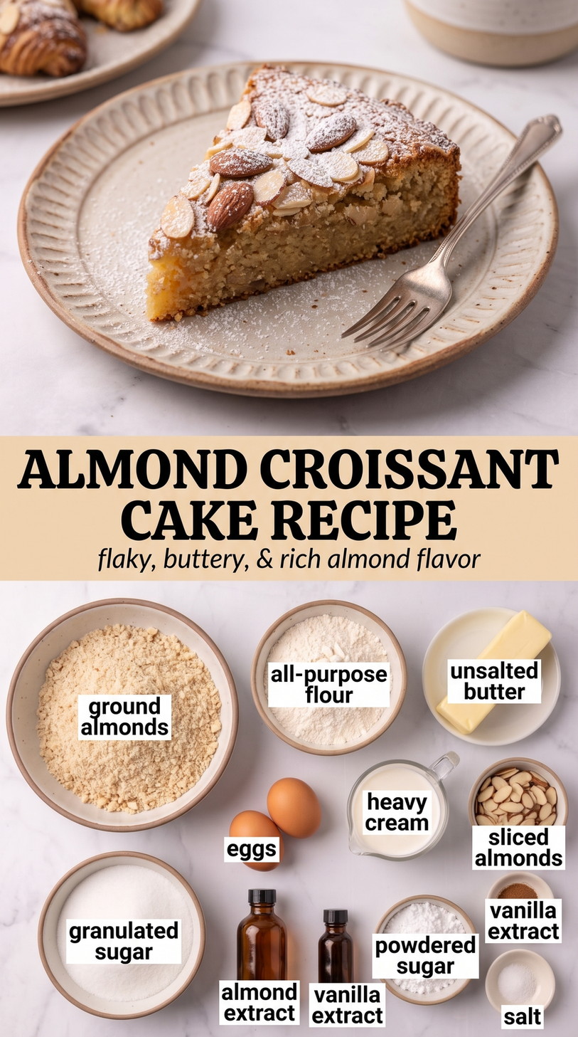 Almond Croissant Cake Recipe showing a tender almond croissant-style cake topped with powdered sugar and sliced almonds