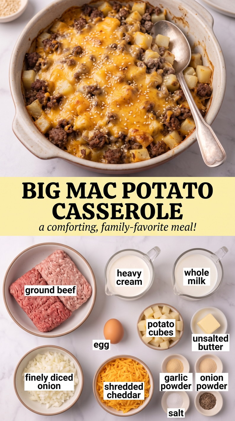 Big Mac Potato Casserole with Big Mac-inspired beef-and-potato casserole with cheddar, onion, cream, milk, butter, garlic, and onion seasoning