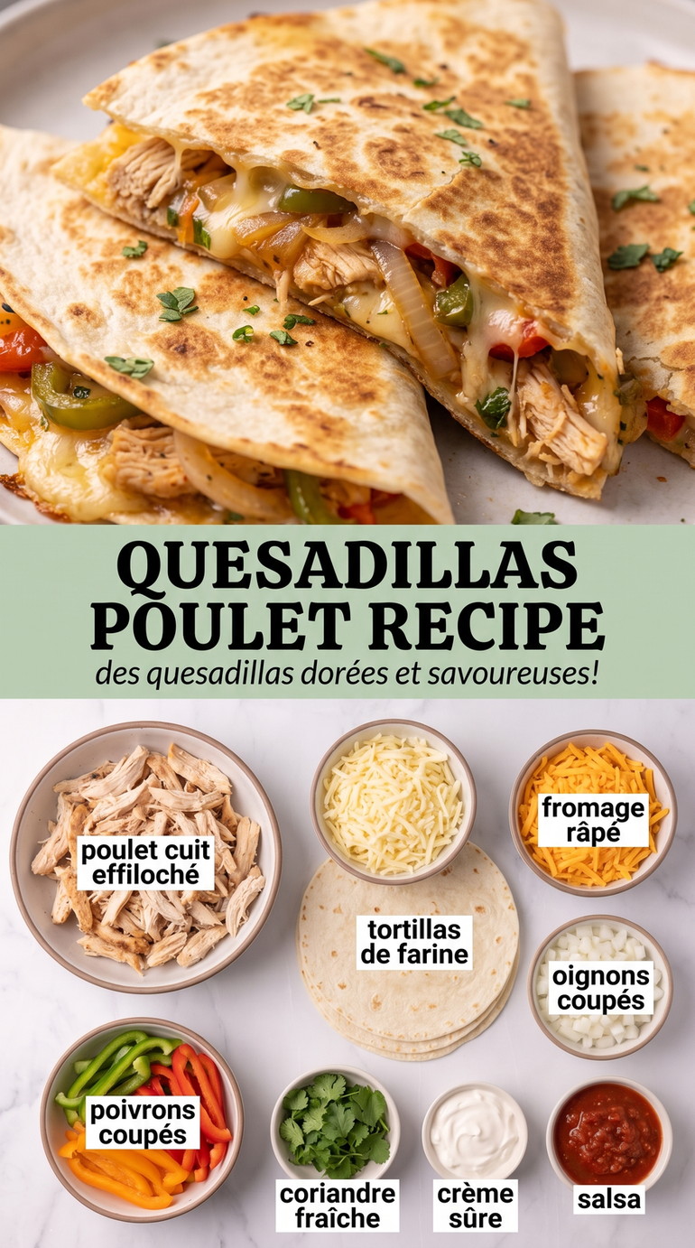 Quesadillas poulet recipe showing golden crisp quesadillas with melted cheese and a savory filling