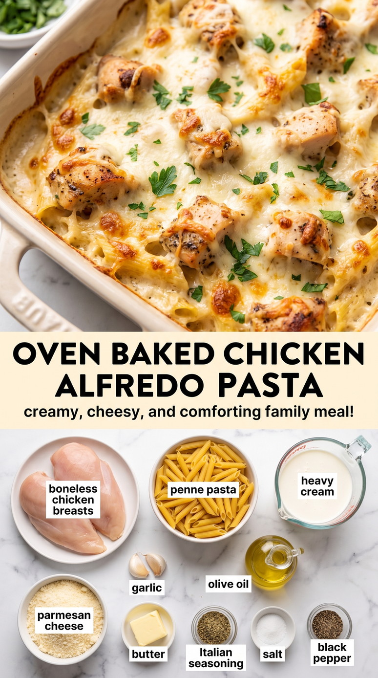 Oven-Baked Chicken Alfredo Penne - creamy chicken pasta coated in garlic Parmesan sauce