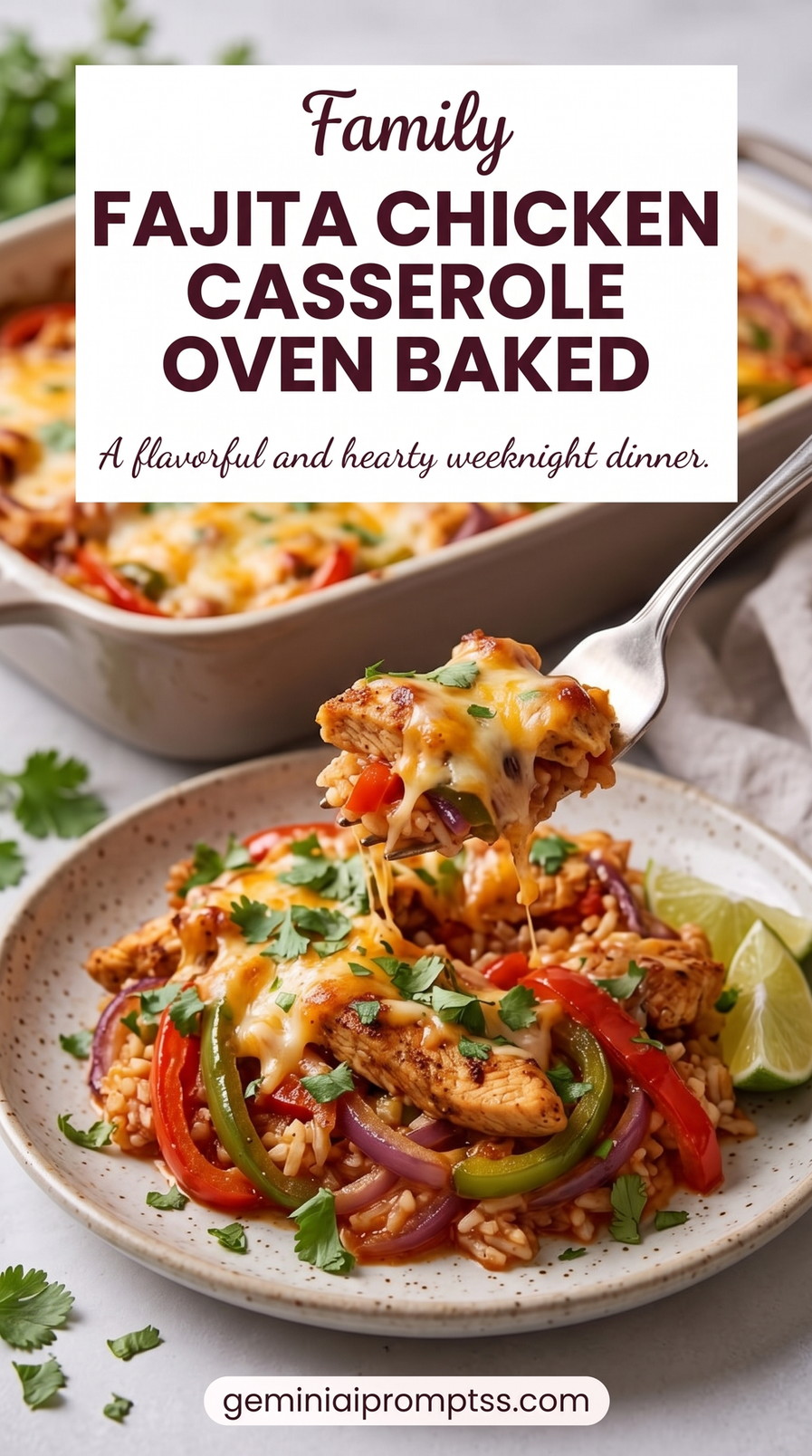 Fajita Chicken Casserole Oven Baked with sliced chicken breast strips, colorful bell peppers, onions, lime, and browned fajita-style edges