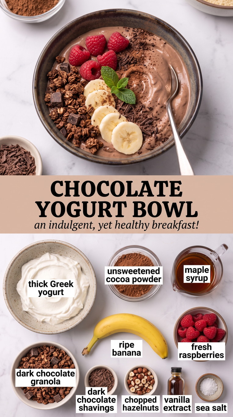 Chocolate Yogurt Bowl showing chocolate Greek yogurt with banana, berries, chocolate granola, hazelnuts, vanilla, and cocoa