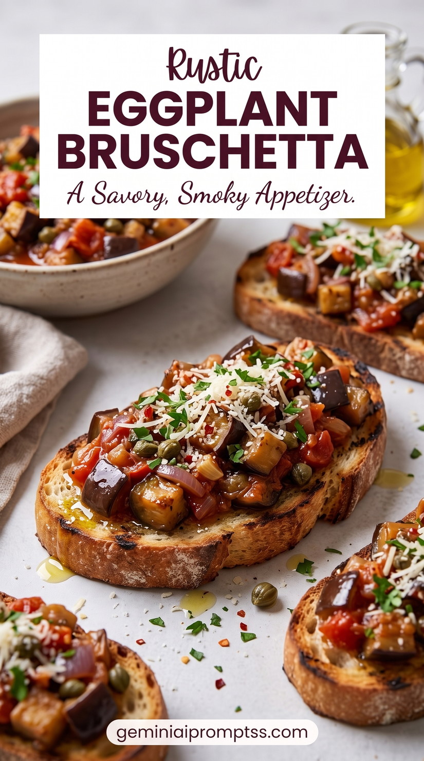 Rustic Eggplant Tomato Bruschetta showing toasted bread topped with chunky eggplant and tomato, grated cheese, and herbs
