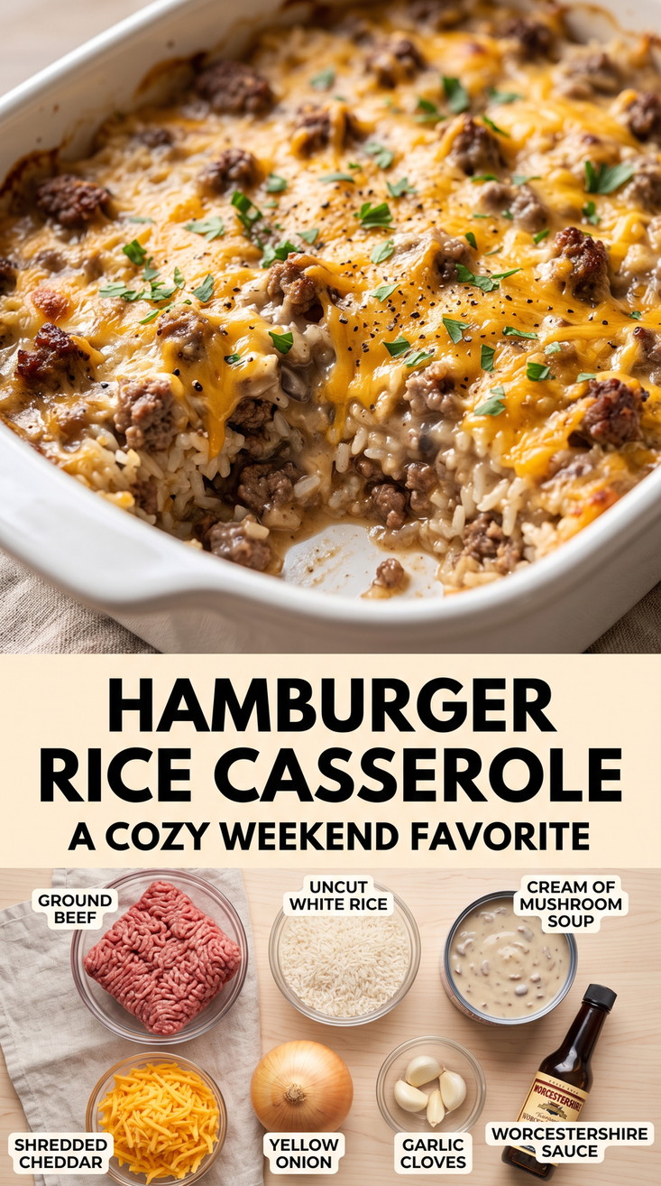 Hamburger Rice Casserole with hamburger rice casserole with beef, rice, mushroom soup, cheddar, onion, garlic, and Worcestershire
