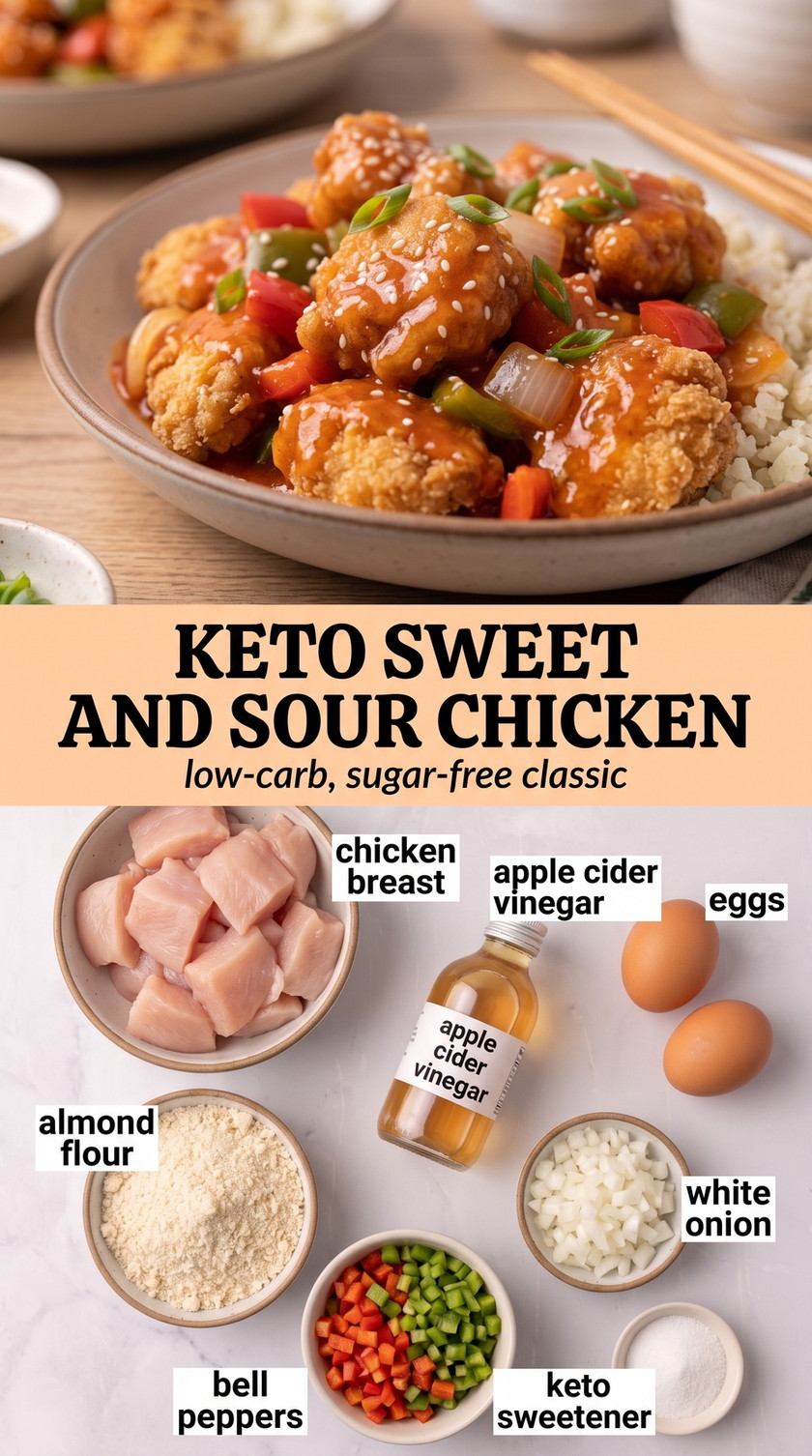 Keto sweet and sour chicken finished dish made with chicken breast, apple cider vinegar, and eggs