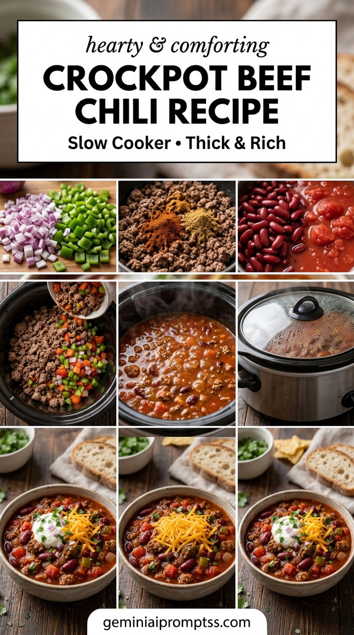 Crockpot Beef Chili Recipe showing thick crockpot beef chili with kidney and black beans, peppers, tomatoes, cheddar, and sour cream