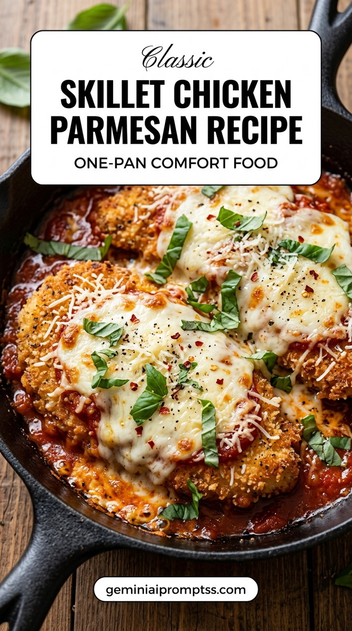 Skillet Chicken Parmesan Recipe finished dish with marinara sauce, melted cheese