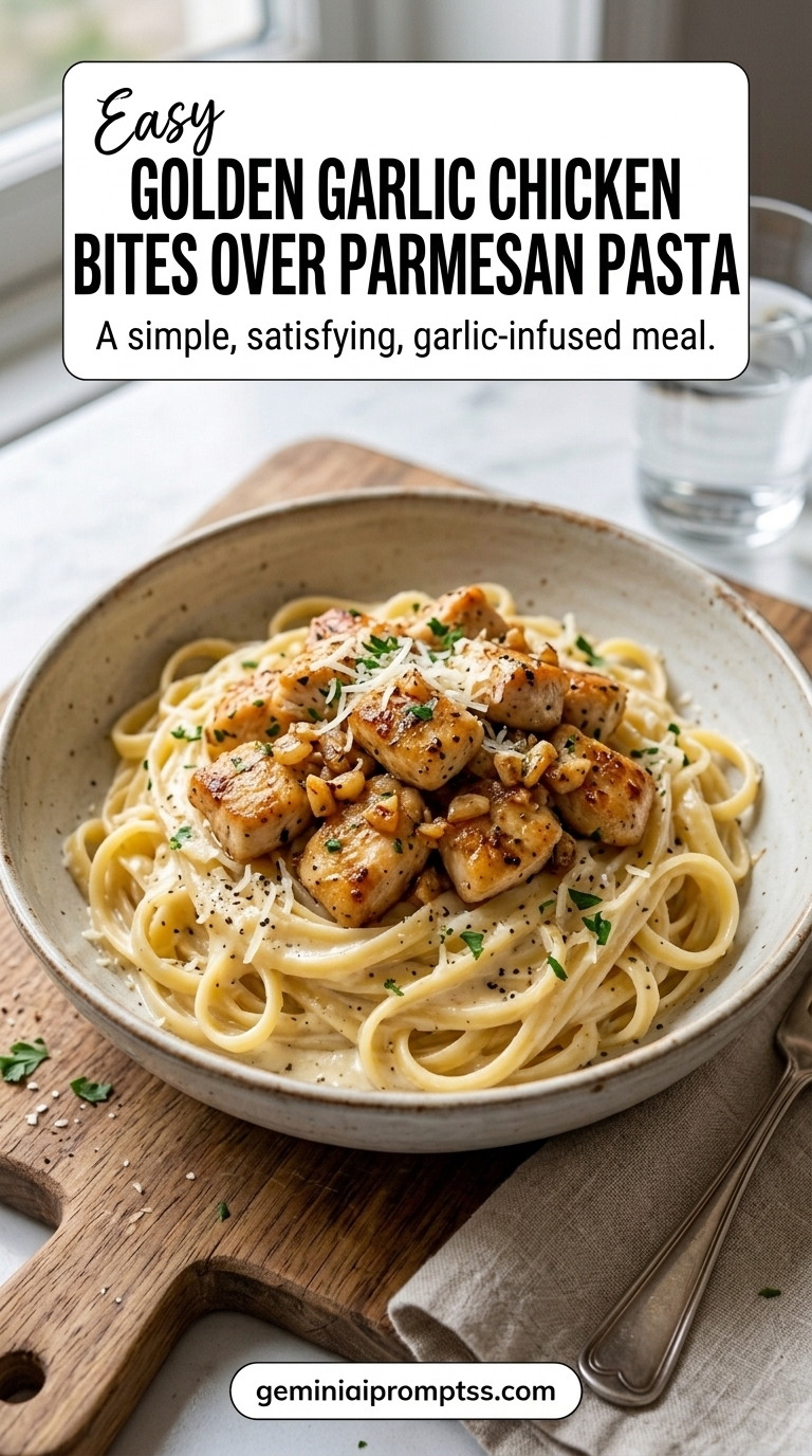 Golden Garlic Chicken Bites Over Parmesan Pasta finished recipe with garlic for a warm savory flavor