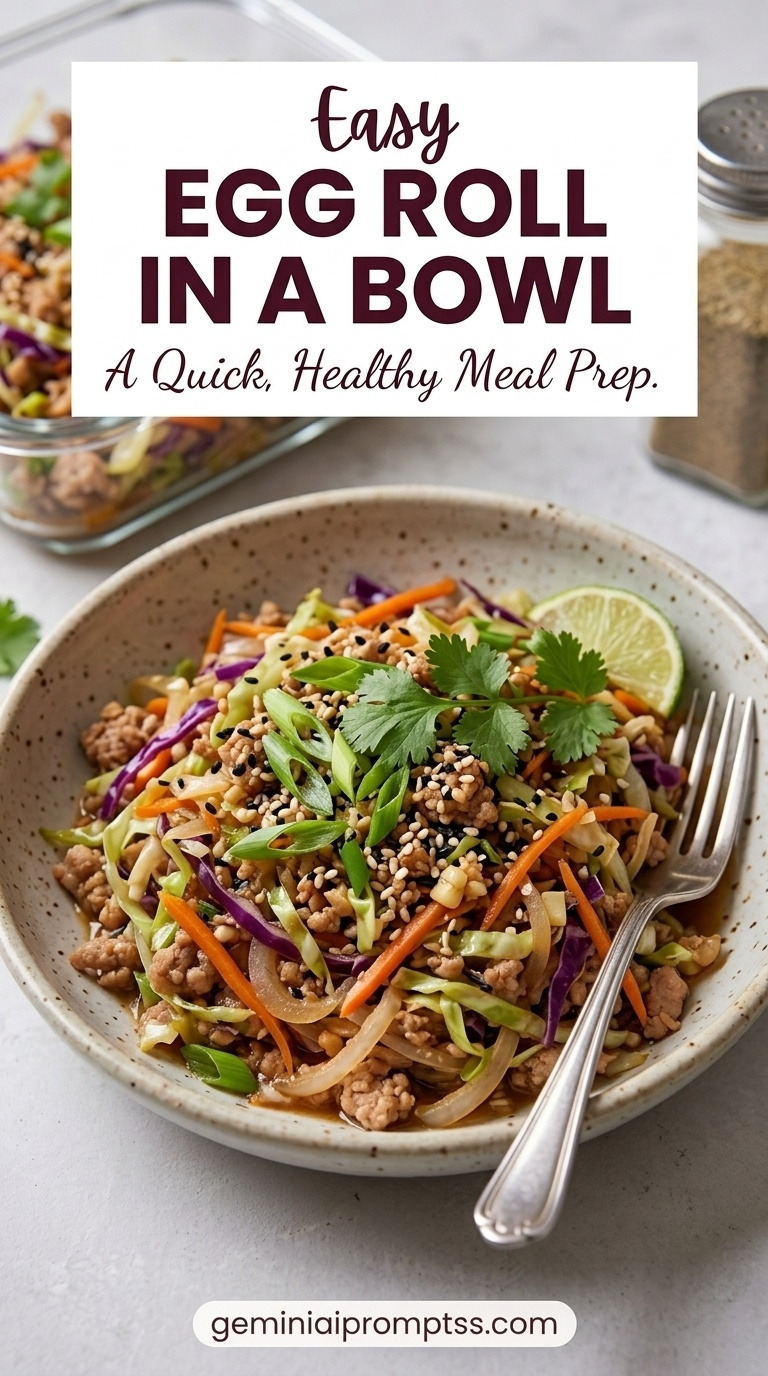 Egg Roll in a Bowl Meal Prep showing lean ground turkey with cabbage, carrots, onion, ginger, garlic, scallions, sesame, and savory sauce