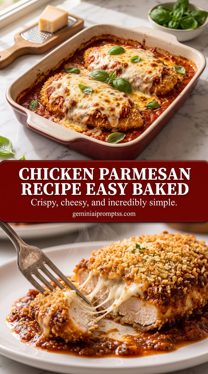 Chicken Parmesan Recipe Easy Baked with golden Parmesan-crusted chicken with a crisp crumb surface and a tender white center under red sauce and melted cheese