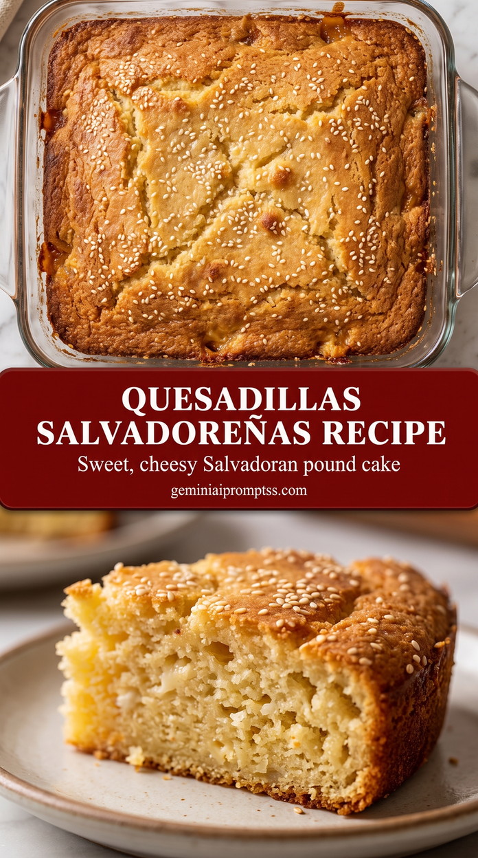 Quesadillas salvadoreñas recipe showing a baked Salvadoran cheese cake with a golden top and sesame seeds