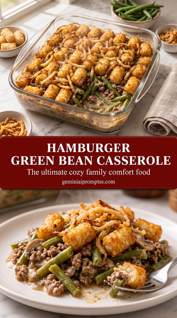 hamburger green bean casserole with a hamburger green bean casserole with ground beef, green beans, creamy mushroom-style sauce, crisp potato bites, and fried onion pieces