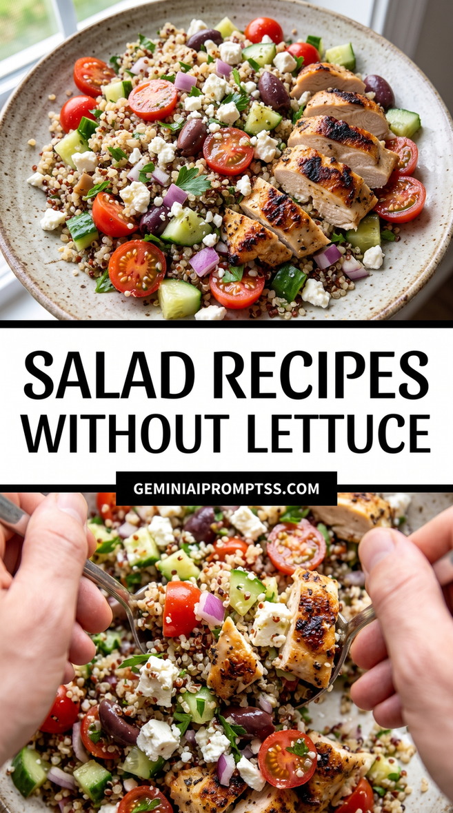Salad Recipes Without Lettuce showing grain-based salad with grilled chicken, quinoa, cucumbers, tomatoes, olives and feta, with no lettuce visible