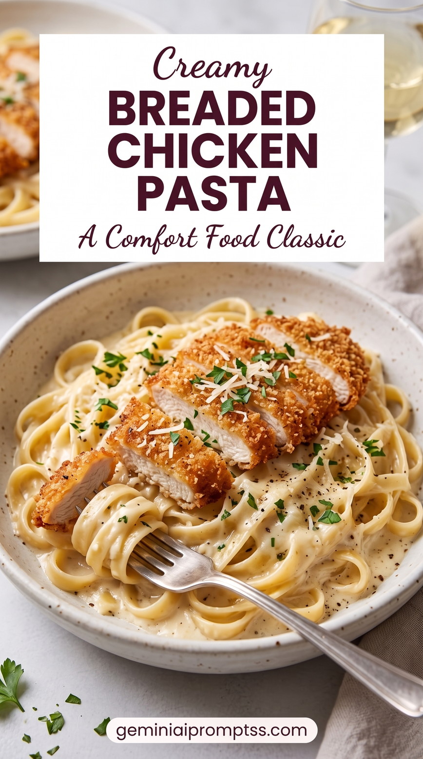 Breaded Chicken Alfredo Pasta with chicken, fettuccine, a creamy Parmesan sauce, grated cheese, and fresh green herb garnish