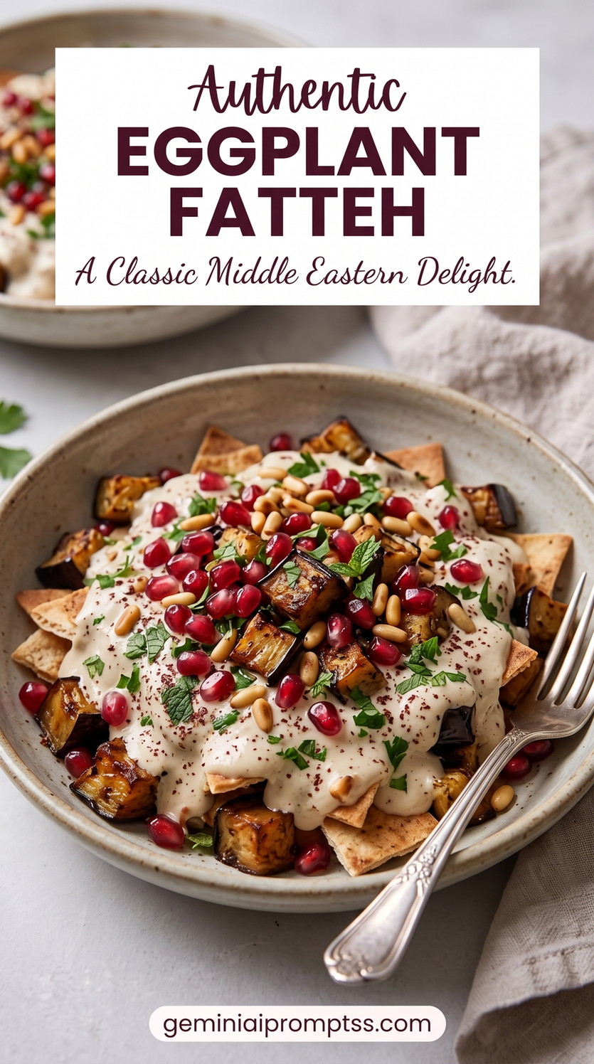 Eggplant Fatteh with Yogurt-Tahini Sauce showing crisp pita, roasted eggplant, creamy yogurt-tahini sauce, pomegranate, pine nuts, and herbs