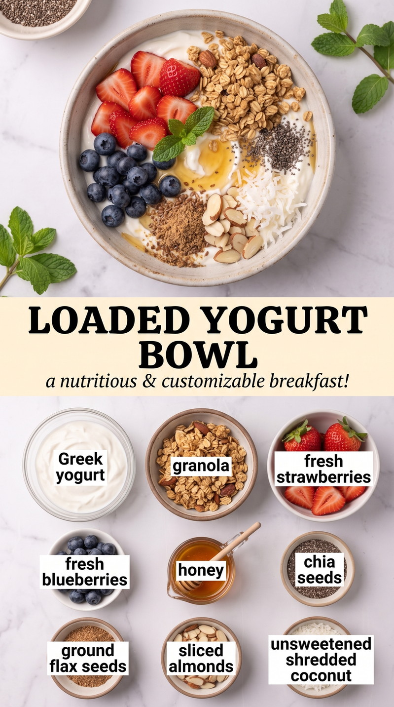 Loaded Yogurt Bowl showing a loaded yogurt bowl with strawberries, blueberries, granola, almonds, chia, flax, coconut, and honey