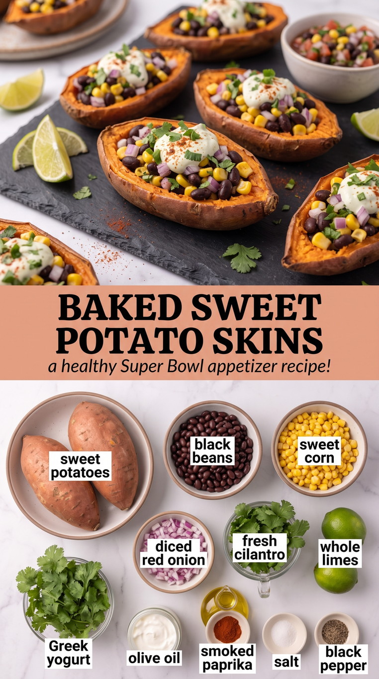 Healthy Super Bowl Appetizers with baked sweet-potato skins filled with black beans, corn, red onion, cilantro, lime, and Greek yogurt