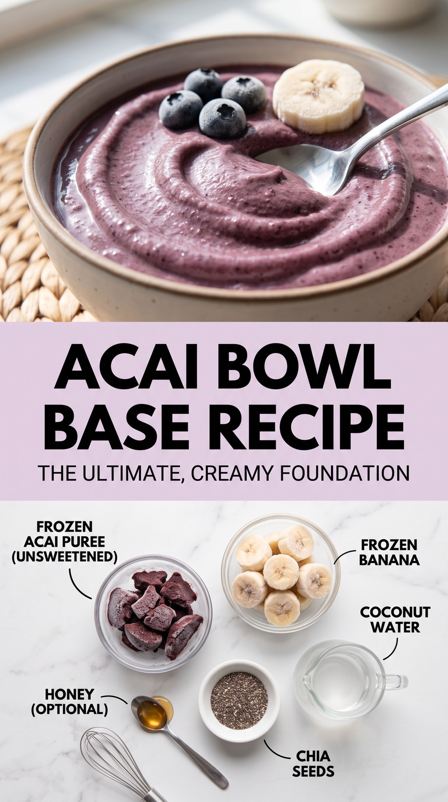 Acai Bowl Base Recipe with plain thick acai base made with frozen acai, banana, coconut water, chia, and optional honey