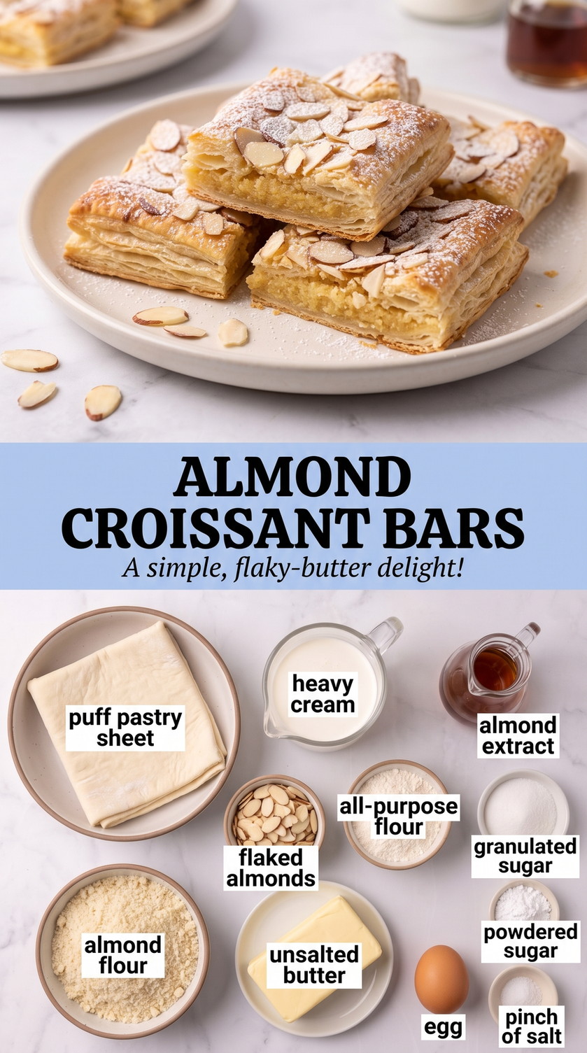 Almond Croissant Bars Recipe showing square almond croissant bars with crisp puff-pastry layers and almond filling