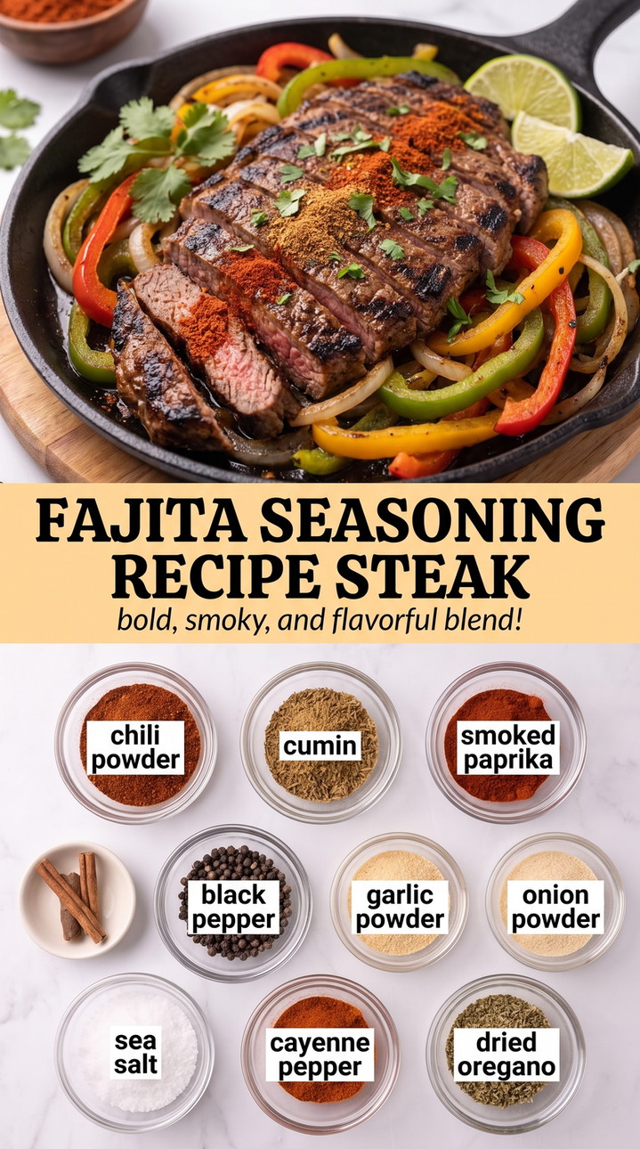 Fajita seasoning recipe steak showing a dry fajita spice blend with chili powder, cumin, paprika, and herbs