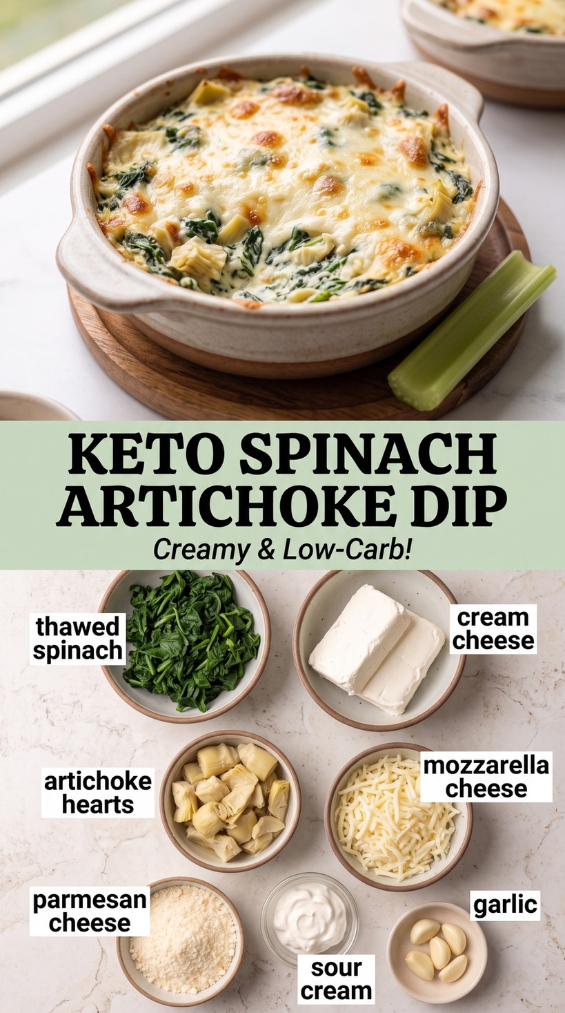 Keto spinach artichoke dip finished dish made with thawed spinach, cream cheese, and artichoke hearts