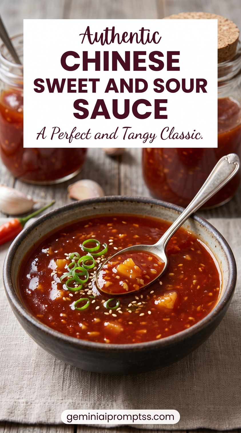 Chinese sweet and sour sauce showing a darker, garlic-forward Chinese-style sauce with pineapple, chili, sesame, and scallion