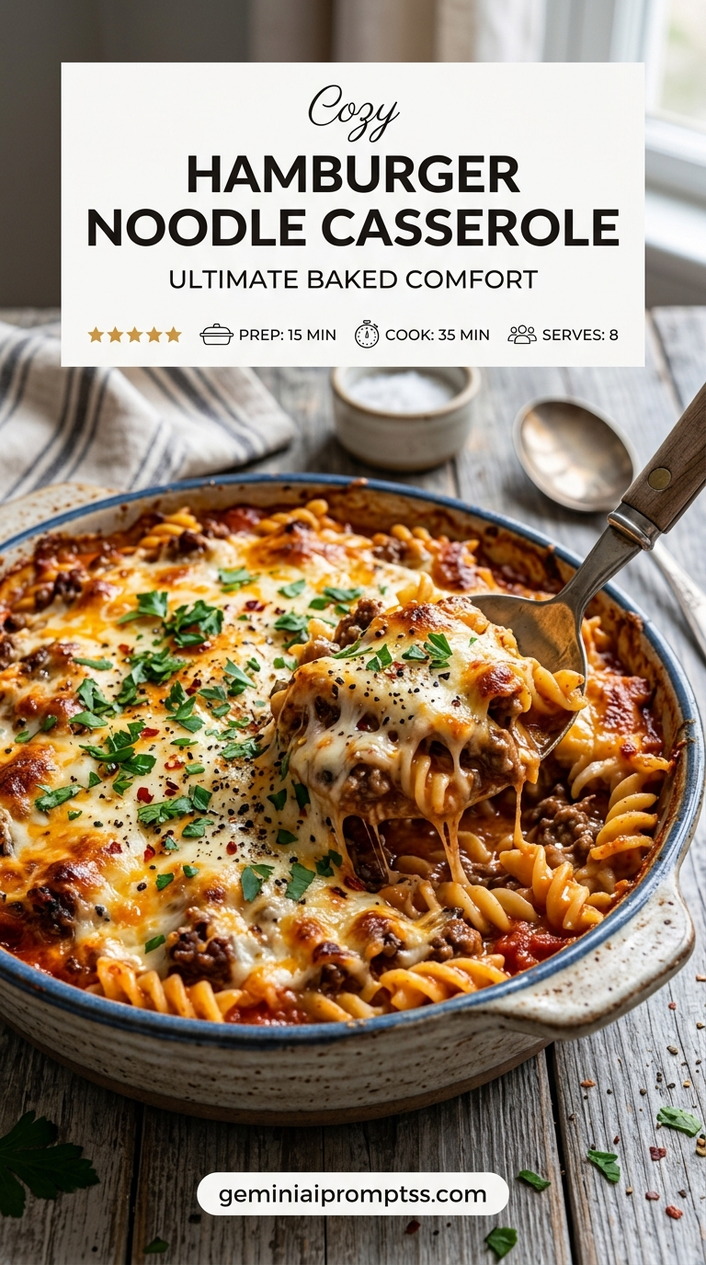 Hamburger Noodle Casserole showing a hamburger rotini casserole with rich tomato sauce, beef, browned melted cheese, and parsley
