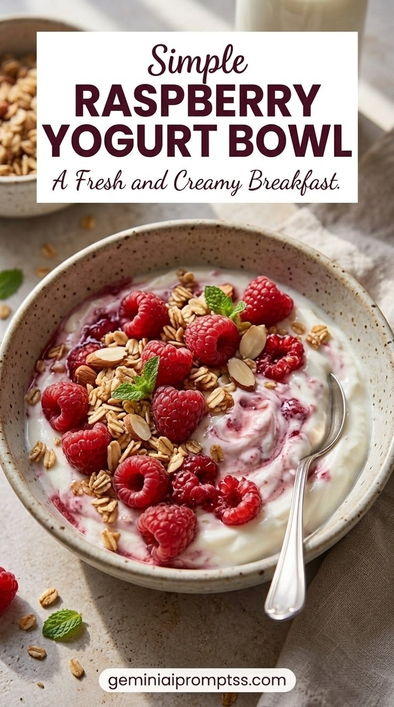 Raspberry Yogurt Bowl showing Greek yogurt with raspberry swirl, fresh raspberries, granola, almonds, and mint
