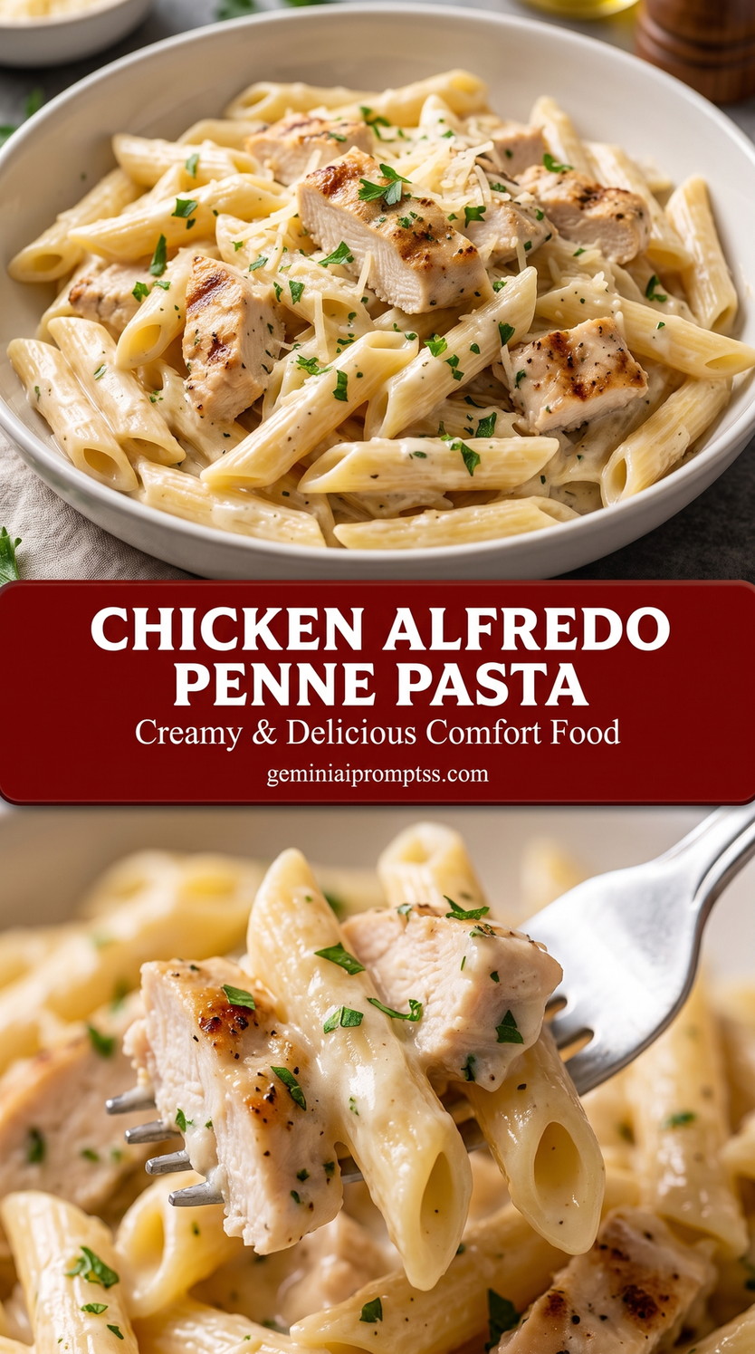 chicken Alfredo penne pasta with ridged penne, tender chicken, creamy Parmesan sauce, and black pepper