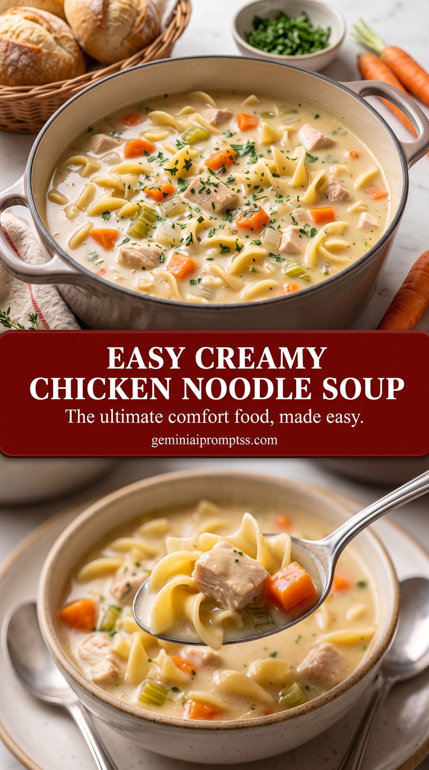 Creamy Chicken Noodle Soup with Peas and Thyme finished dish with pale creamy broth, chicken, noodles, carrots, peas, and herbs