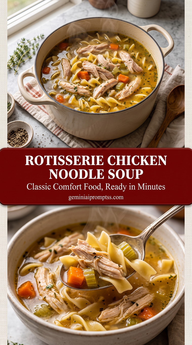 Rotisserie Chicken Noodle Soup with tender chicken, noodles, carrots, celery, clear golden broth, and a light herb finish