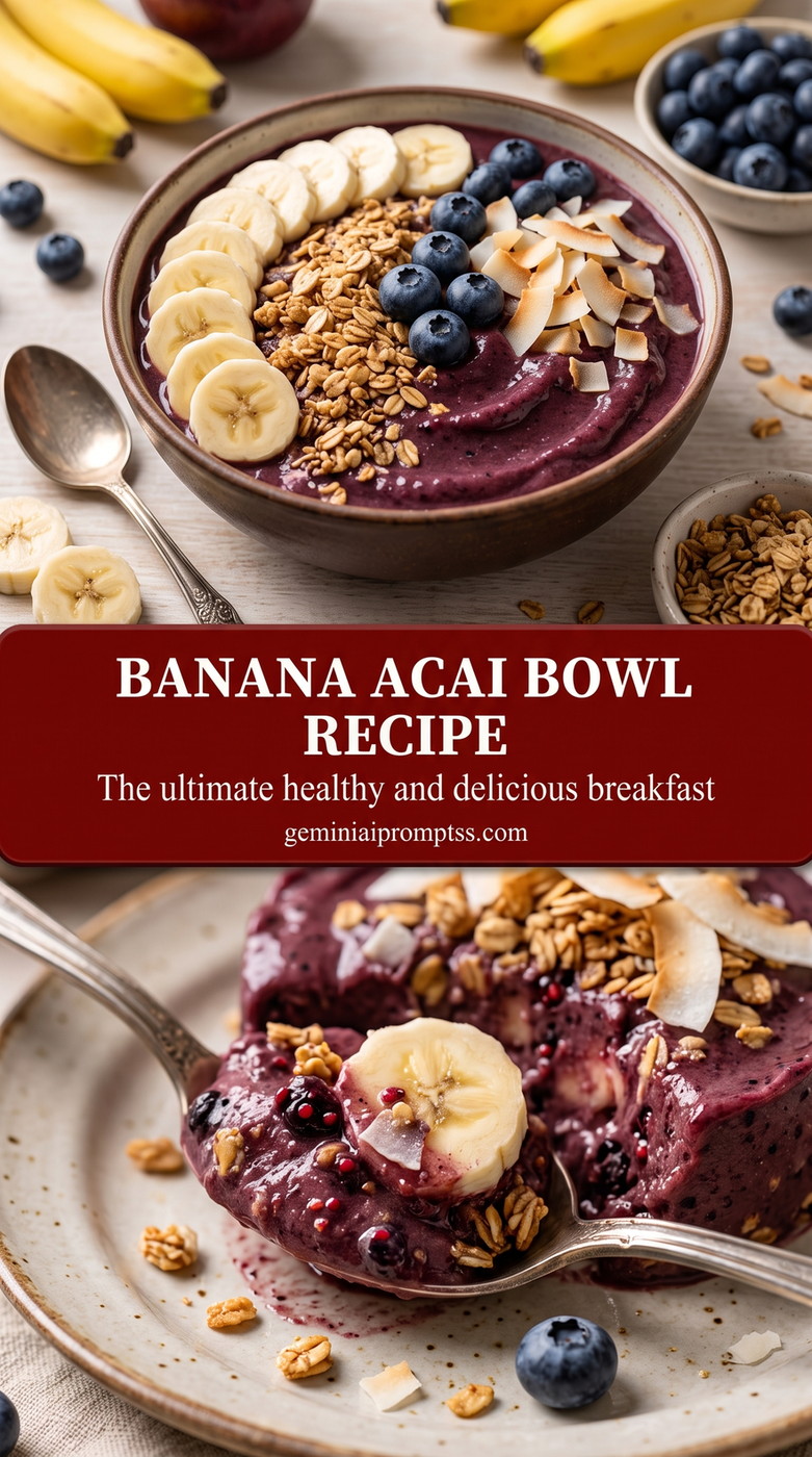 banana acai bowl recipe with a thick purple acai bowl with banana slices, blueberries, granola, coconut flakes, and small seeds