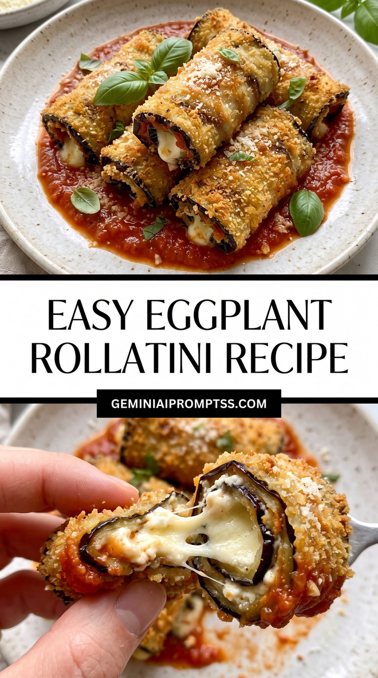 Easy Eggplant Rollatini Recipe showing rolled eggplant pieces with creamy cheese filling, red tomato sauce, melted cheese, browned crumb coating, basil