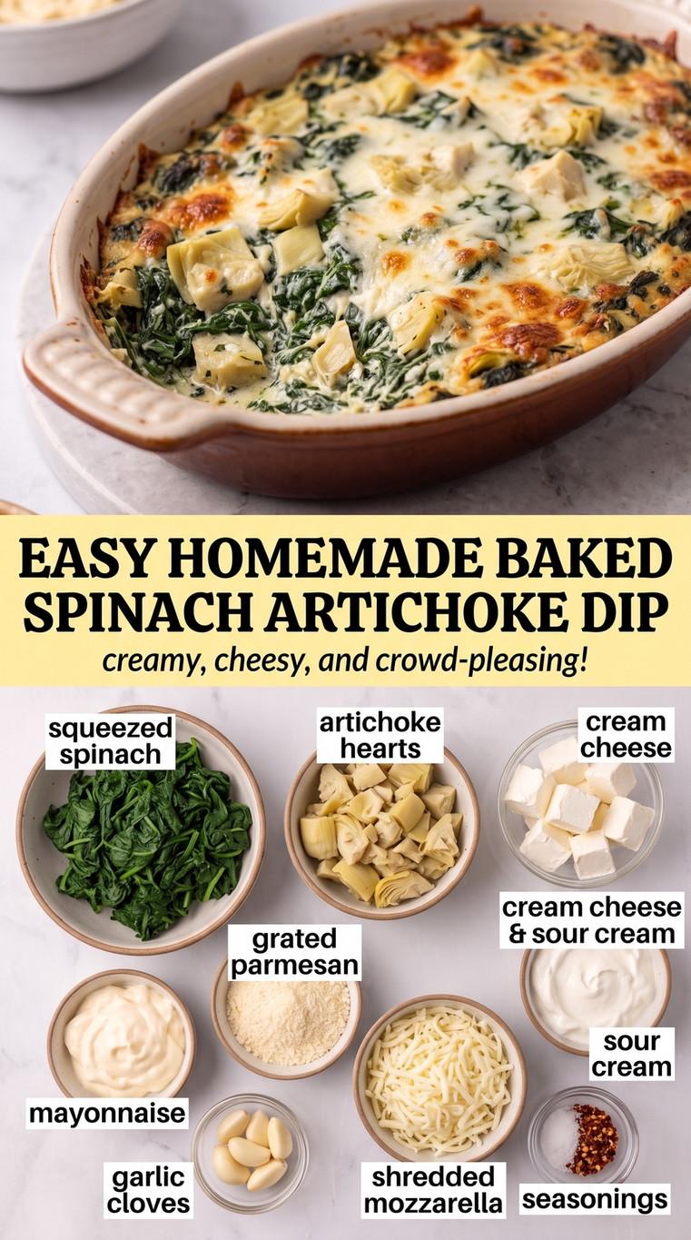 Baked spinach artichoke dip finished dish made with squeezed spinach, artichoke hearts, and cream cheese