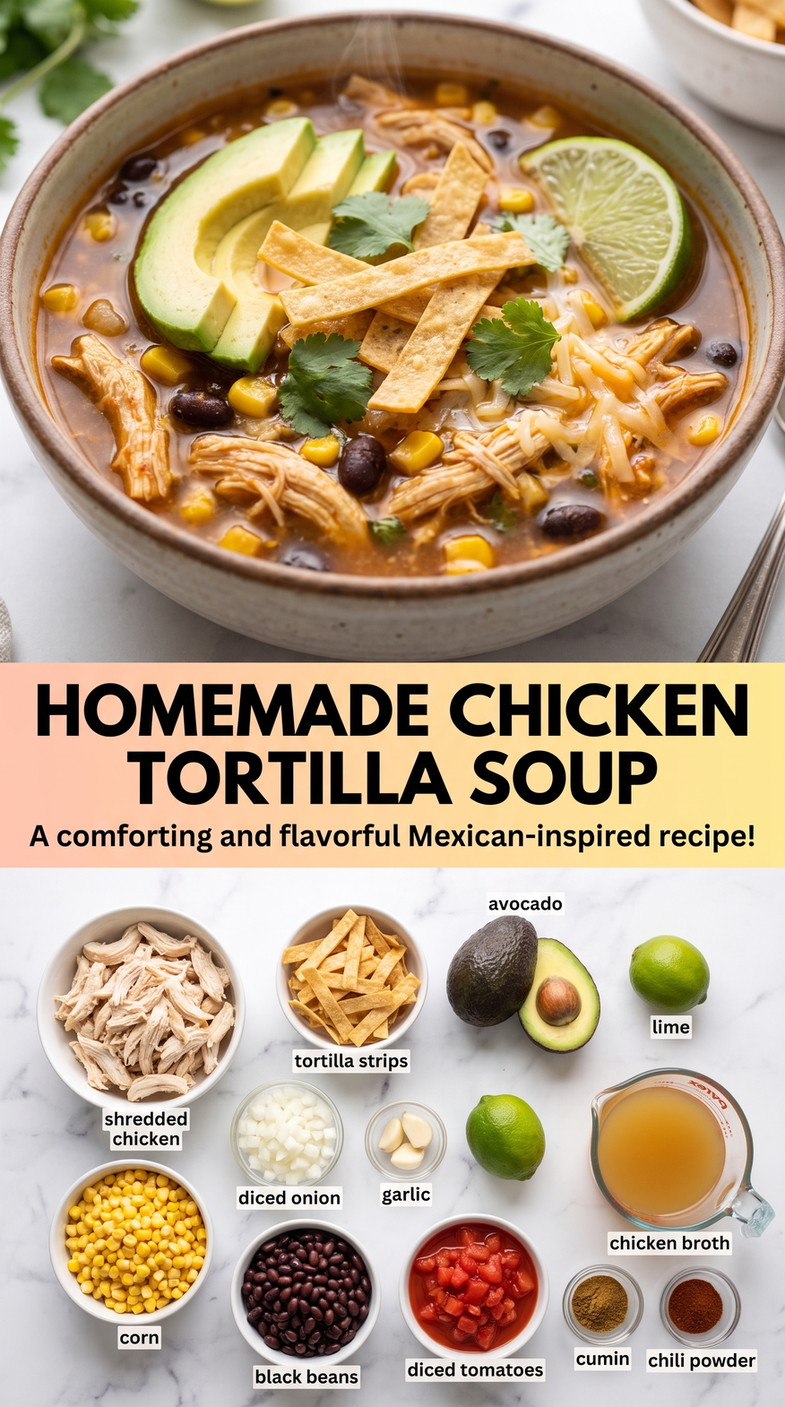 Homemade Chicken Tortilla Soup - a hearty bowl with shredded chicken, beans, corn, tortilla strips, and fresh toppings