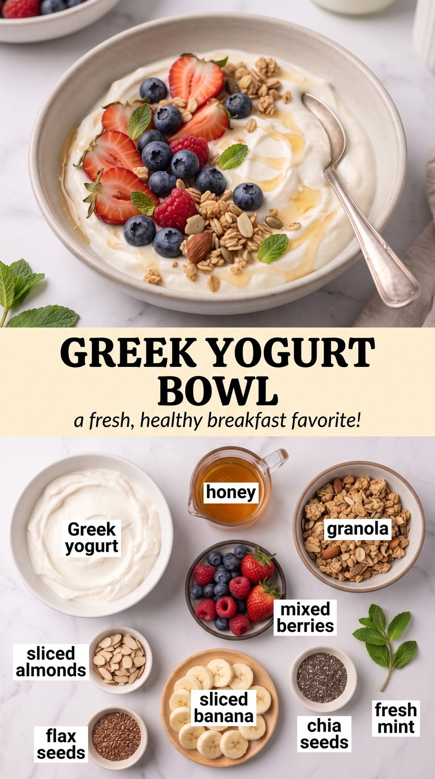Greek Yogurt Bowl showing Greek yogurt with blueberries, raspberries, banana, granola, almonds, chia, and honey