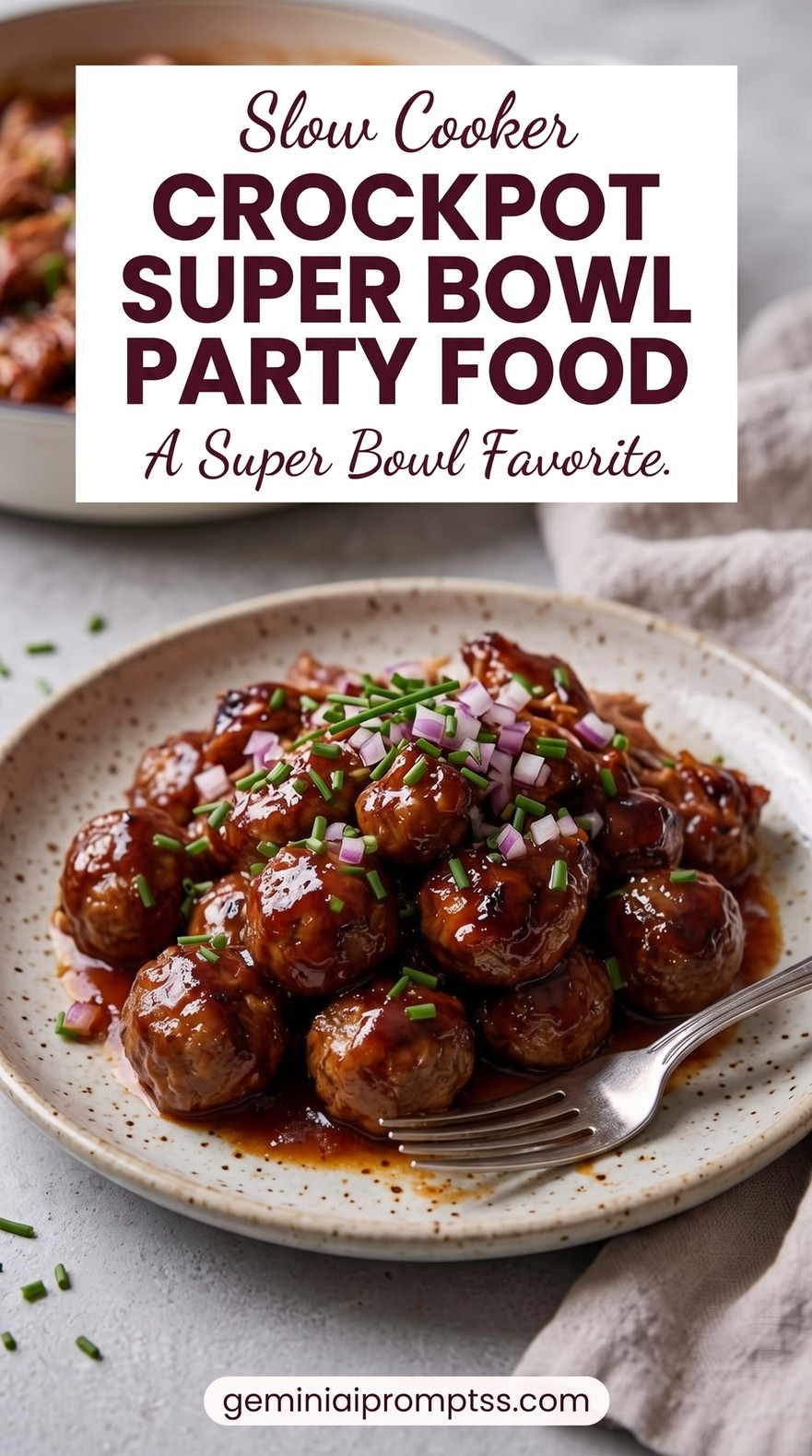 Crockpot Super Bowl Party Food showing glazed slow-cooker beef meatballs with dark barbecue-style sauce and green onion