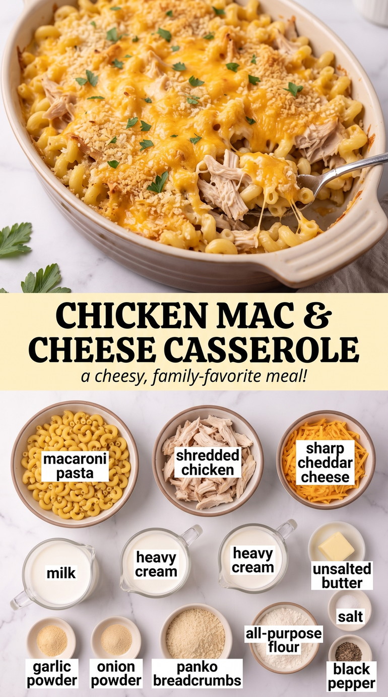 Chicken Mac and Cheese Casserole with chicken macaroni casserole with a rich cheddar sauce and golden breadcrumb top