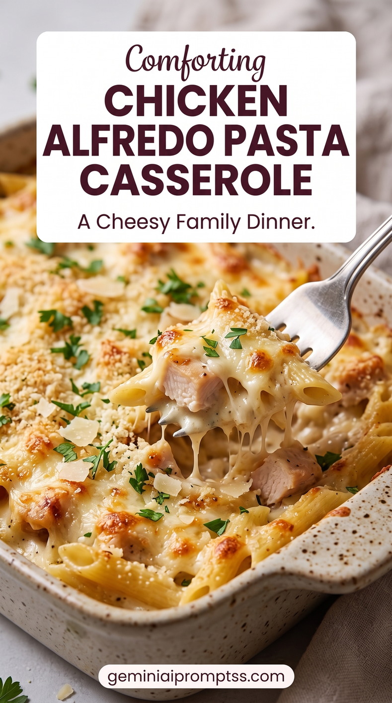 Chicken Alfredo Pasta Casserole with chicken, penne, a creamy Parmesan sauce, grated cheese, melted cheese, and fresh green herb garnish