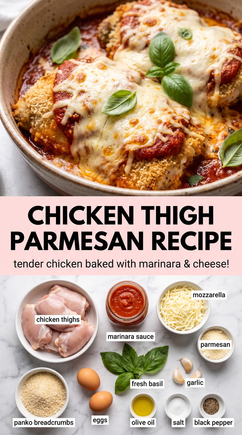 Chicken thigh parmesan recipe showing golden breaded chicken topped with marinara, melted cheese, and herbs