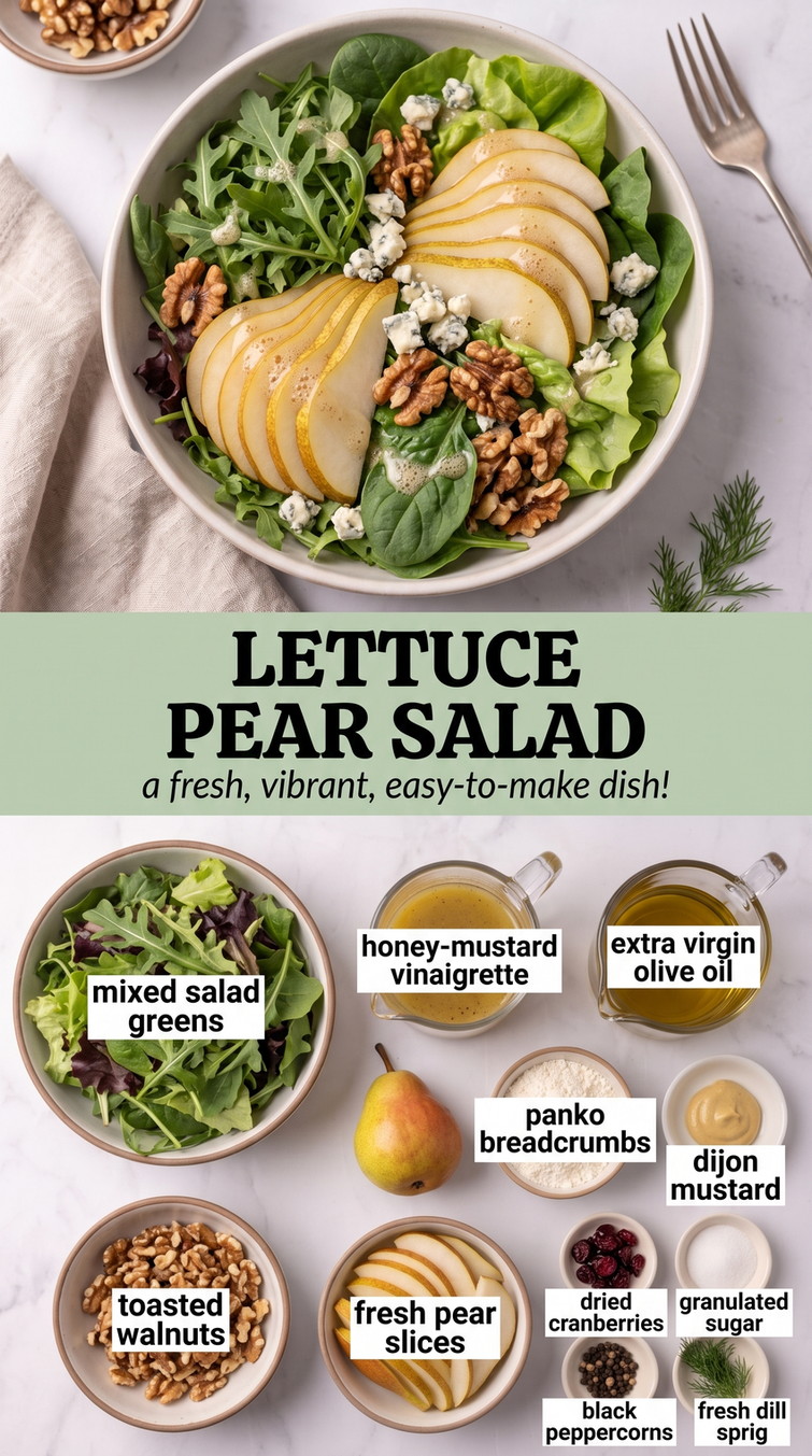Lettuce Pear Salad Recipes showing mixed greens topped with pear slices, walnuts, feta and dried cranberries