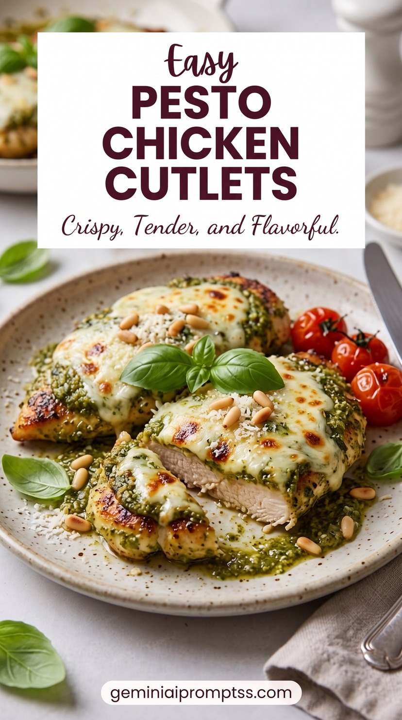 Pesto Mozzarella Chicken Cutlets showing seared chicken cutlets covered with green pesto, melted cheese, basil, cherry tomatoes, and pine nuts